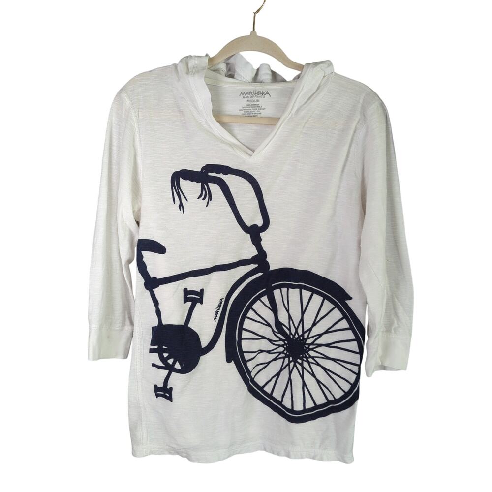 Marushka Handprints Tee Shirt Womens M White Bicycle Hood‎ Cotton